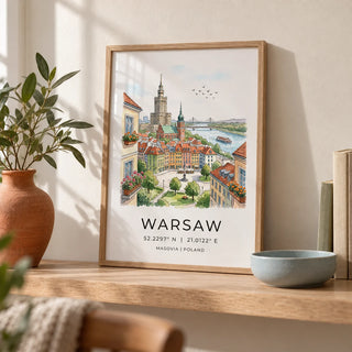Warsaw City Art Print, a small A4 framed print leaning on a pale oak shelf in a living room