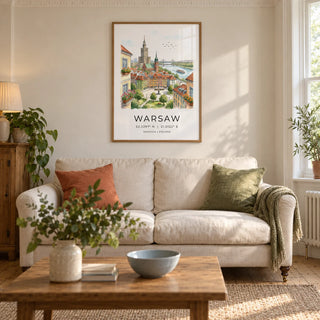 Warsaw City Art Print, framed on the wall of a warm living room in a UK Victorian terrace with ivory plaster walls