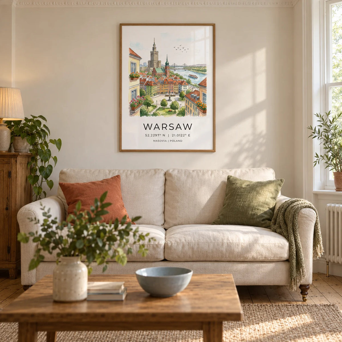 Warsaw City Art Print, framed on the wall of a warm living room in a UK Victorian terrace with ivory plaster walls