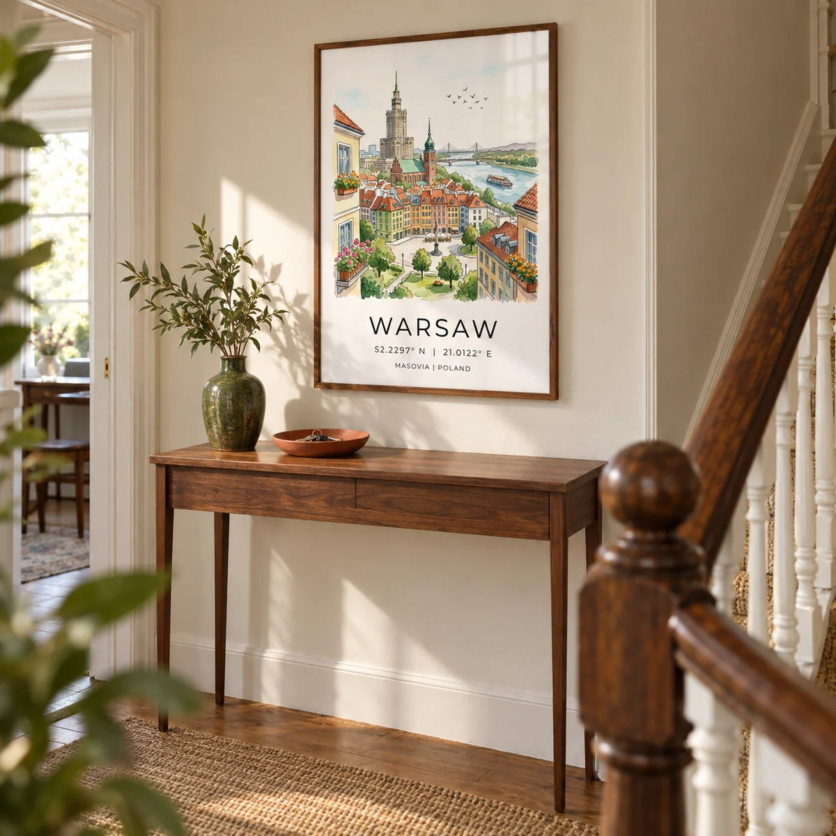 Warsaw City Art Print, framed on the wall of a welcoming hallway in a UK townhouse with a warm white wall and an original timber staircase