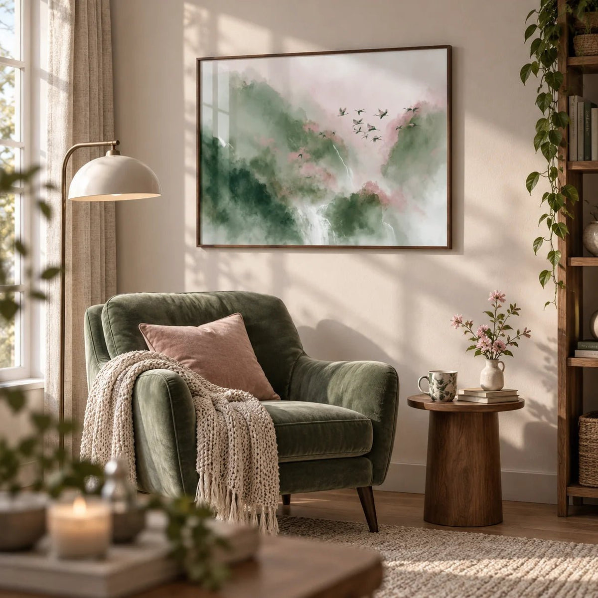 Watercolor Bird Print, framed on the wall of a reading corner in a living room