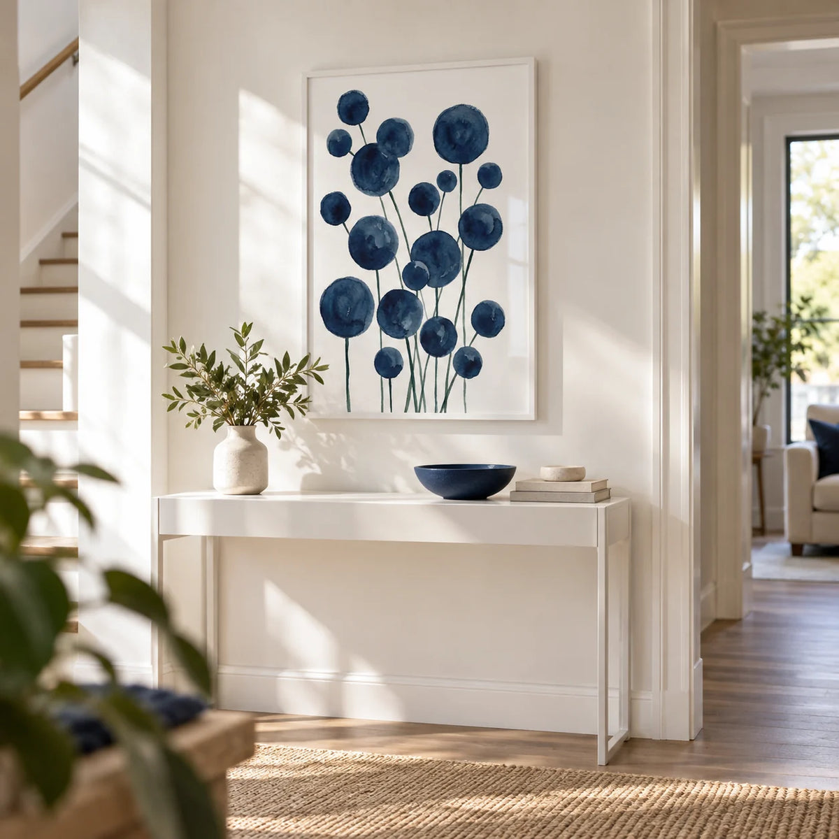 Watercolor Flower Print, framed on the wall of a bright hallway