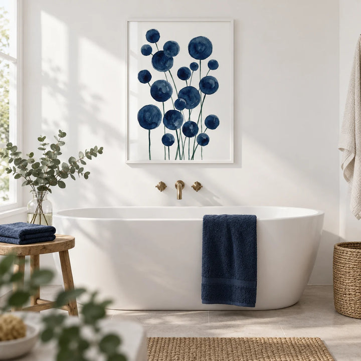 Watercolor Flower Print, framed on the wall of a calm bright bathroom with plain white walls