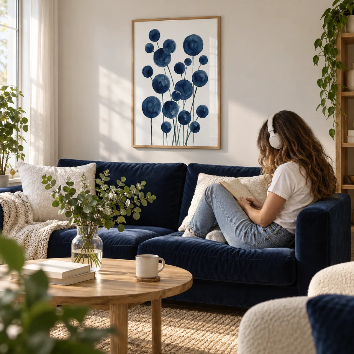 Watercolor Flower Print, framed on the wall of a calm living room