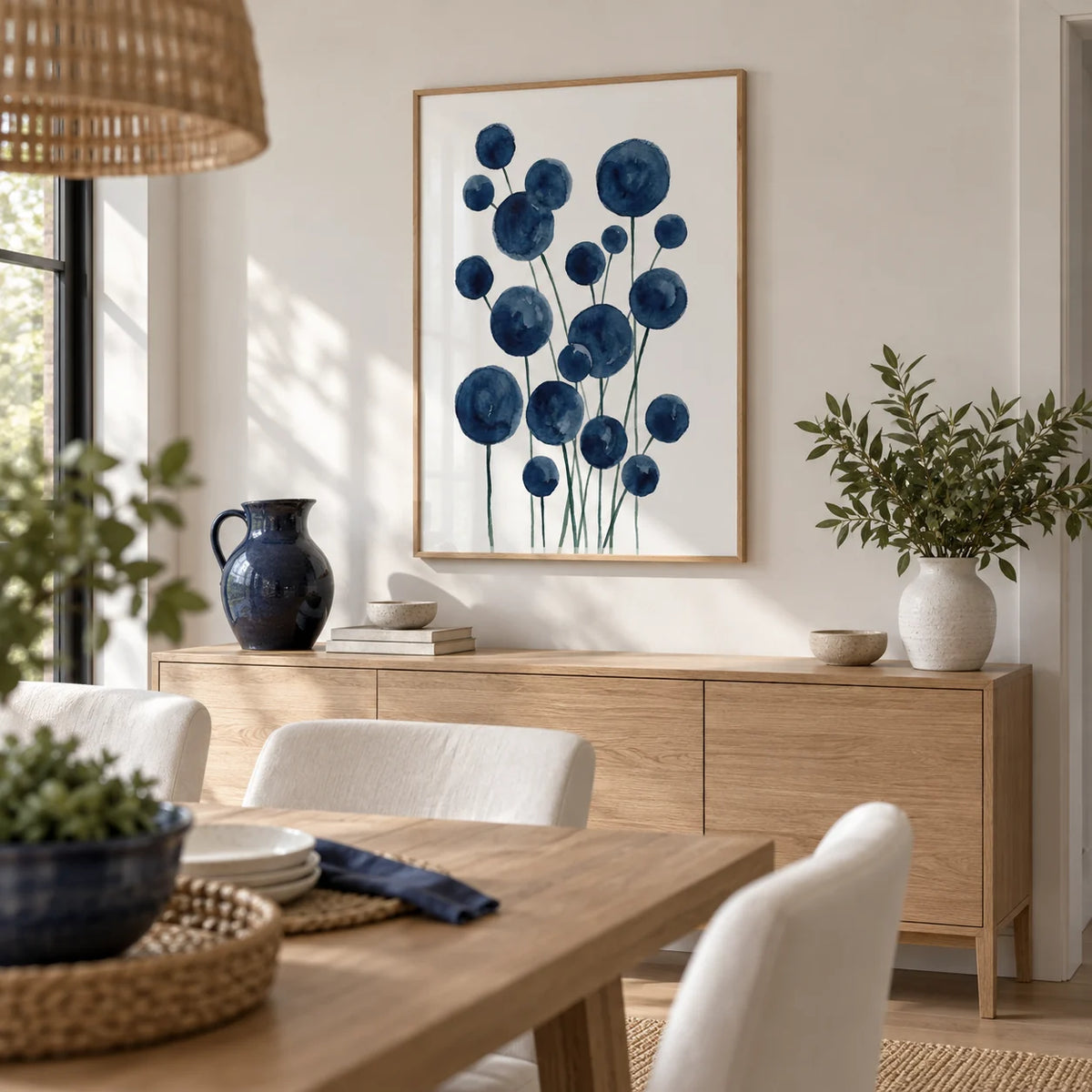 Watercolor Flower Print, framed on the wall of a fresh dining room