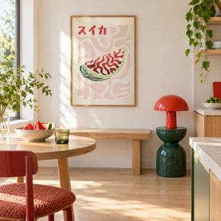 Watermelon Print hung above a breakfast bench in a colourful minimalist kitchen (frame not included)