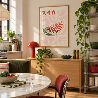 Watermelon Print hung above an oak sideboard in a creative apartment kitchen (frame not included)