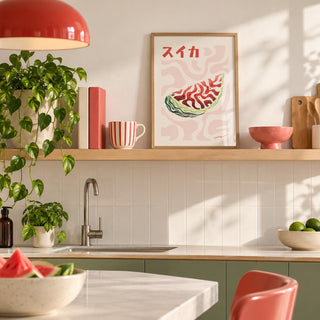Watermelon Print in the small A4 size, leaning on a kitchen shelf (frame not included)