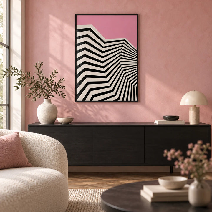 Wavy Wall Art, framed on the wall of a modern living room with a soft pink limewashed wall