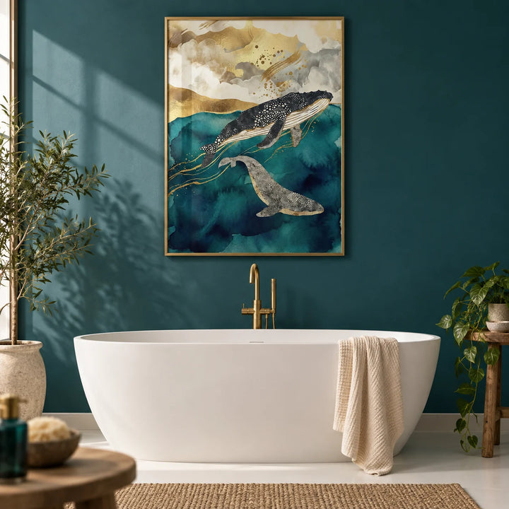 Whale Art Print, framed on the wall of a calm bathroom with a deep teal painted wall and a plain white floor