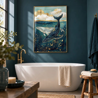 Whale Wall Art, framed on the wall of a calm bathroom with deep teal painted walls