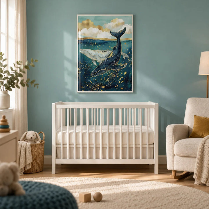 Whale Wall Art, framed on the wall of a calm nursery with a soft teal painted wall