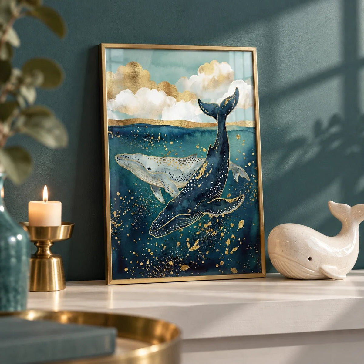 Whale Wall Art, a small A4 framed print leaning on a white shelf in a living room