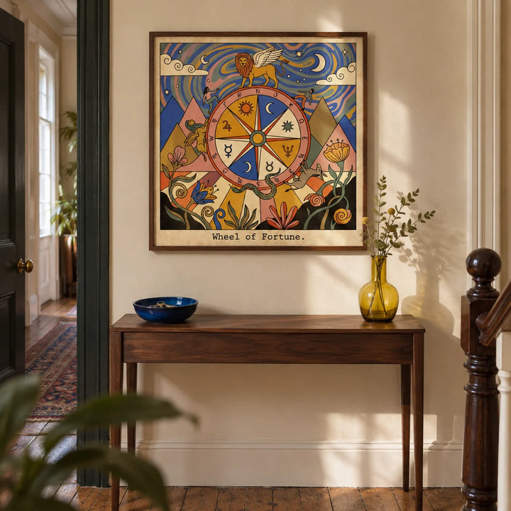 Wheel Of Fortune Tarot Card Art, framed on the wall of a characterful hallway in a Victorian terrace with warm cream plaster walls and original timber floorboards