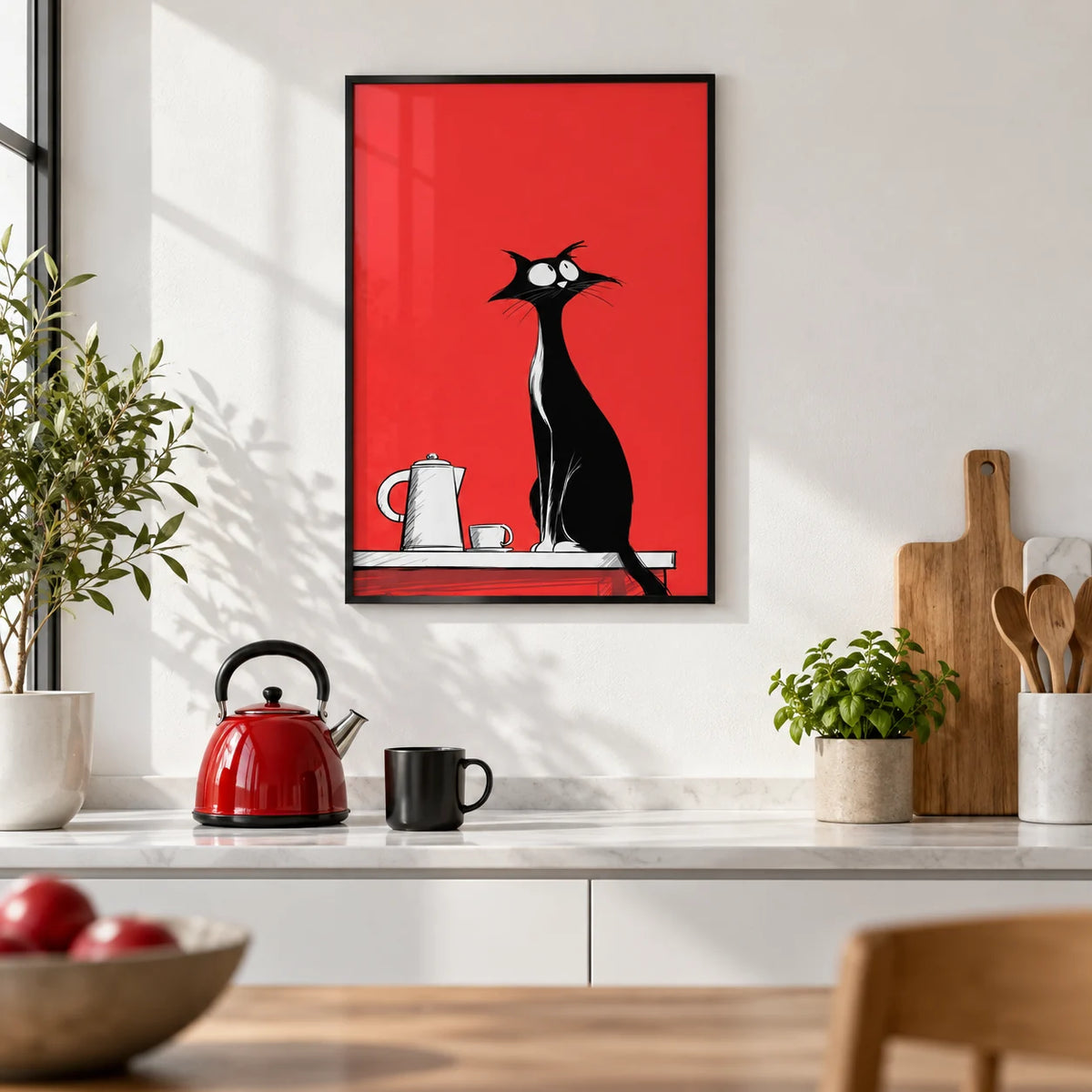 Whimsical Cat Wall Art, framed on the wall of a crisp white modern kitchen