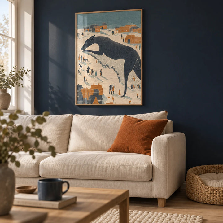Whimsical Dog Art, framed on the wall of a cosy Nordic living room with a deep navy painted wall and pale oak floorboards