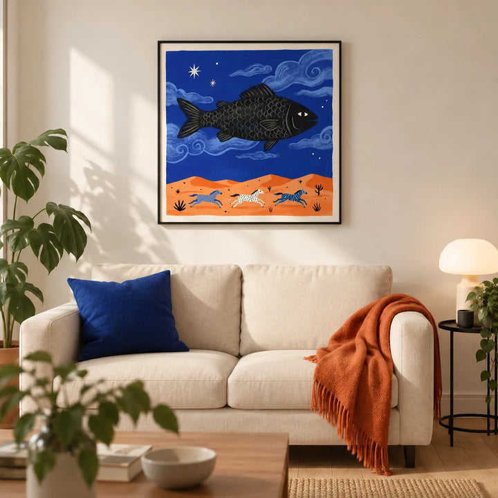 Whimsical Fish Art Print, framed on the wall of a creative living room in a UK first flat (22-28)