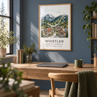 Whistler Mountain Print, framed on the wall of a calm home office with a slate blue wall