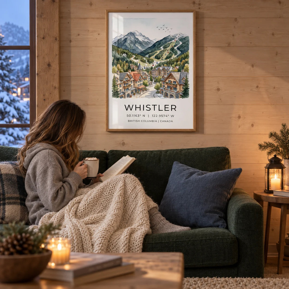 Whistler Mountain Print, framed on the wall of a cosy chalet-style living room with pale timber-clad walls