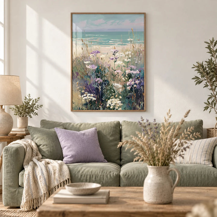 Wildflower Beach Print, framed on the wall of a calm seaside cottage living room with a white wall