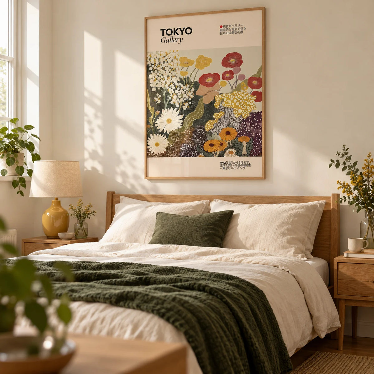 Wildflower Wall Art, framed on the wall of a calm contemporary bedroom in a UK home with a pale cream wall