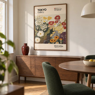 Wildflower Wall Art, framed on the wall of a compact modern dining room in a UK flat with warm white walls