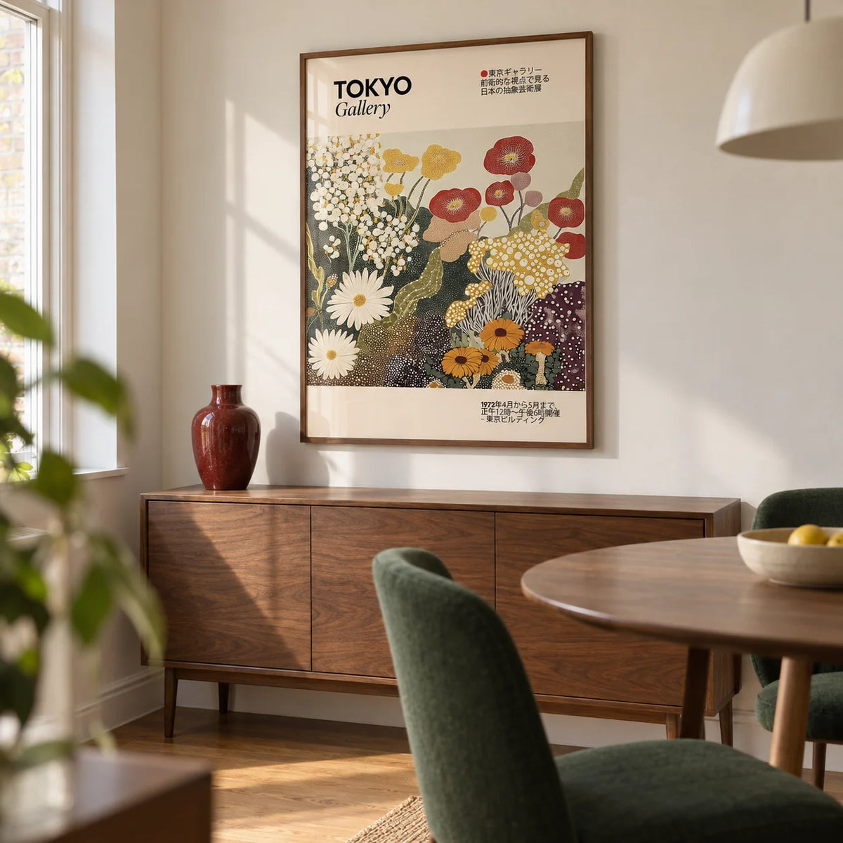 Wildflower Wall Art, framed on the wall of a compact modern dining room in a UK flat with warm white walls
