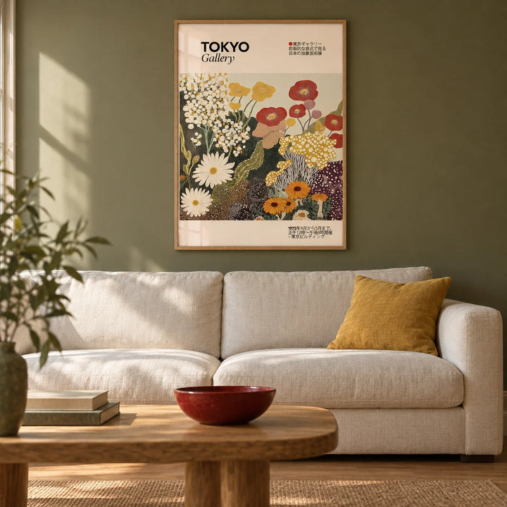 Wildflower Wall Art, framed on the wall of a design-led living room in a UK terraced house with a muted olive wall and oak floor