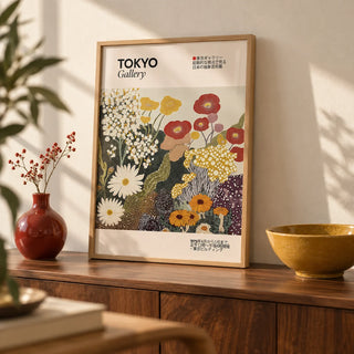 Wildflower Wall Art, a small A4 framed print leaning on a walnut sideboard in a living room