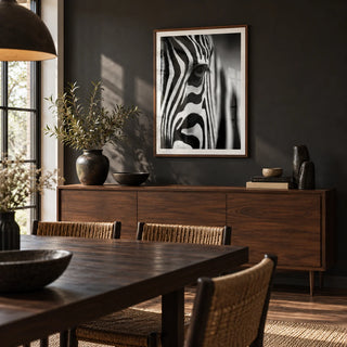 Wildlife Photography Poster, framed on the wall of a dramatic dining room with a charcoal wall