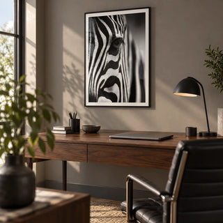 Wildlife Photography Poster, framed on the wall of a modern home office with a warm grey wall
