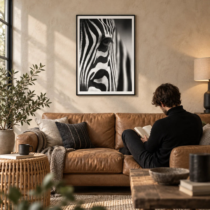 Wildlife Photography Poster, framed on the wall of a warm modern living room with a sand plaster wall