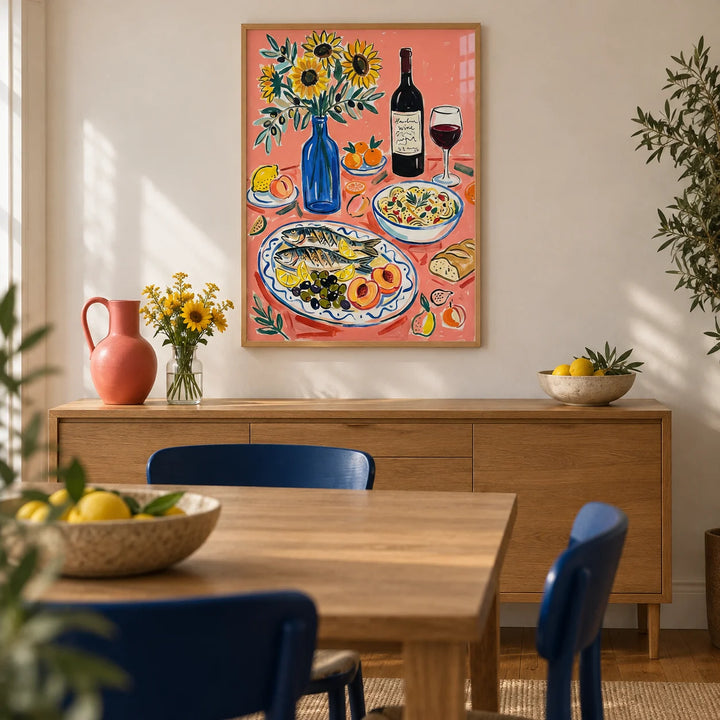 Wine And Seafood Decor, framed on the wall of a contemporary dining room in a UK terraced house with warm white plaster walls and an oak floor