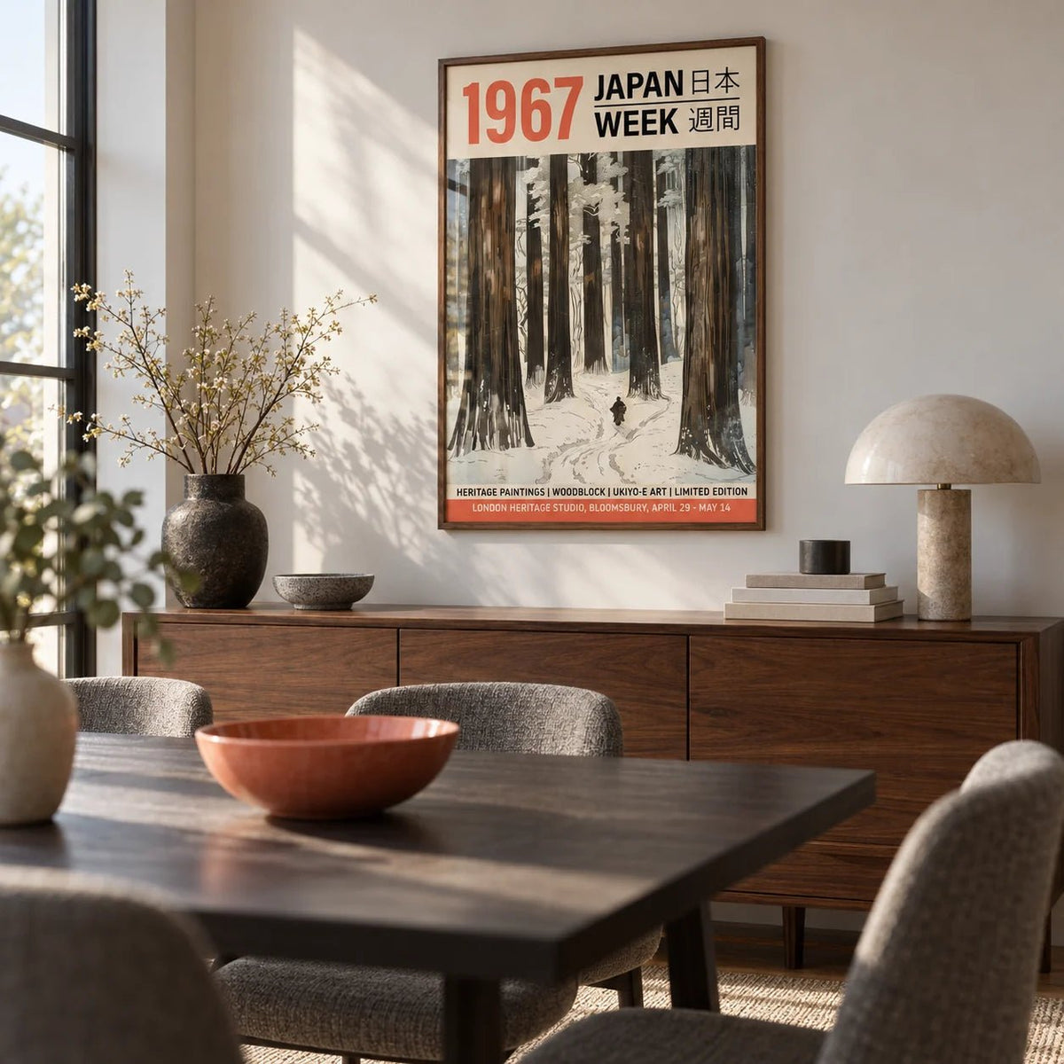 Winter Art Prints, framed on the wall of a modern dining room