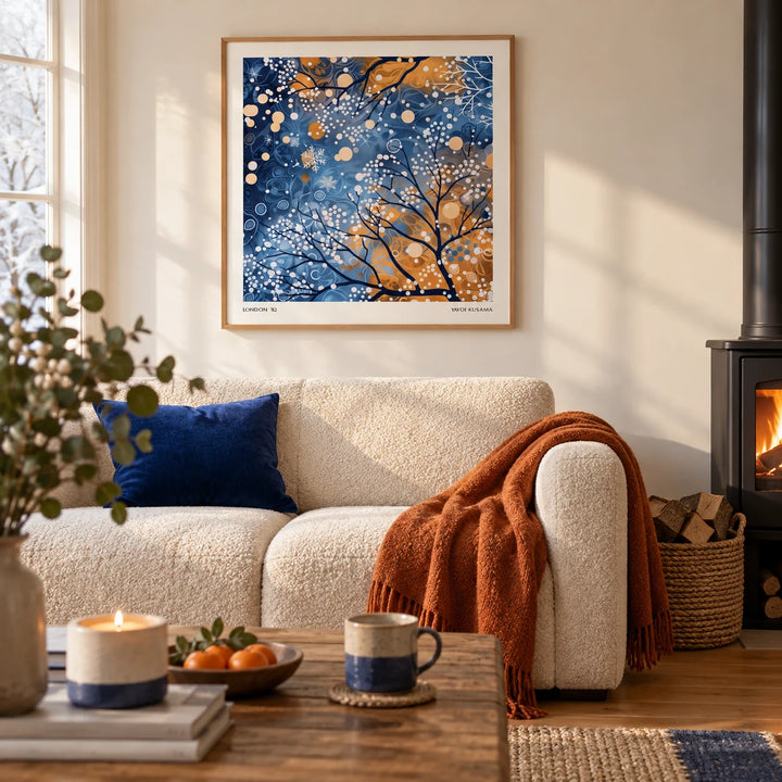 Winter Scene Wall Art, framed on the wall of a cosy modern living room in winter with a warm white wall