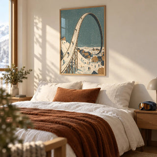 Winter Skiing Art Print, framed on the wall of a bedroom for a 24 year old skier with a warm white wall