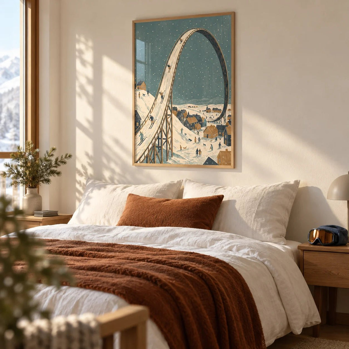 Winter Skiing Art Print, framed on the wall of a bedroom for a 24 year old skier with a warm white wall