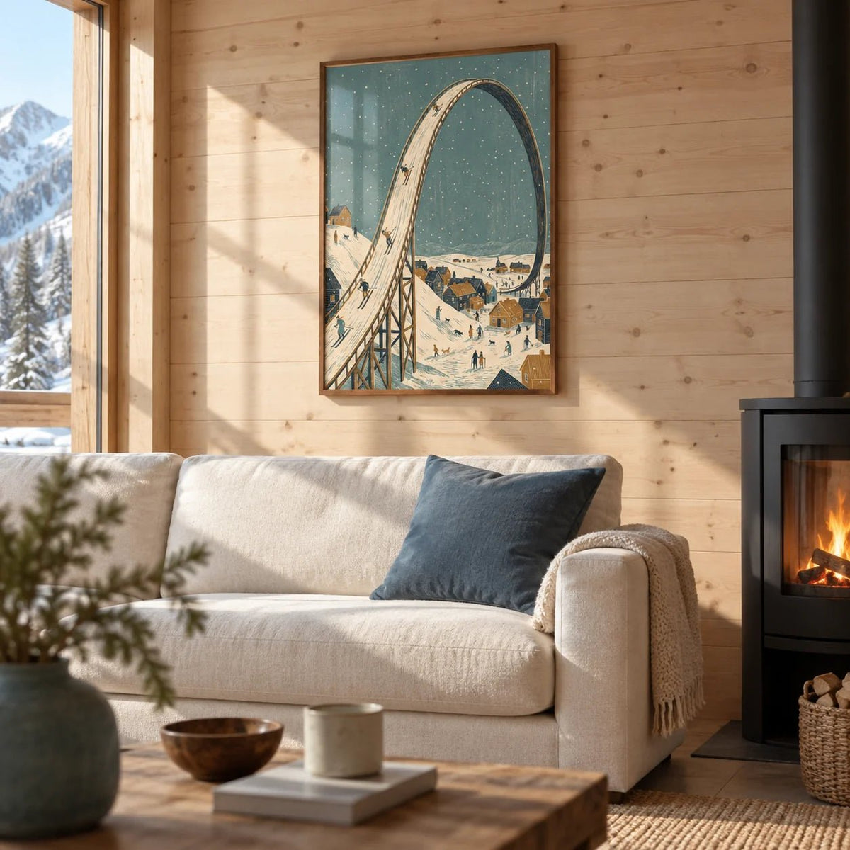 Winter Skiing Art Print, framed on the wall of a modern chalet living room with pale timber walls