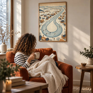 Winter Village Scene, framed on the wall of a reading nook by a frosty window in a living room