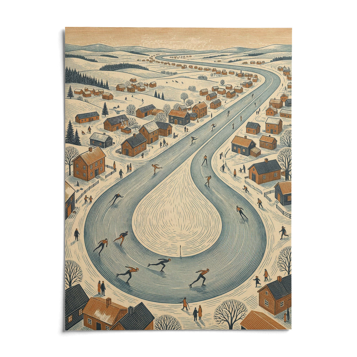 Winter Village Scene, shown as an unframed paper print on a plain white background