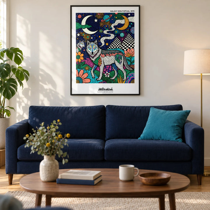 Wolf Galaxy Wall Art, framed on the wall of a contemporary living room in a young adult UK flat with a warm white wall and oak flooring