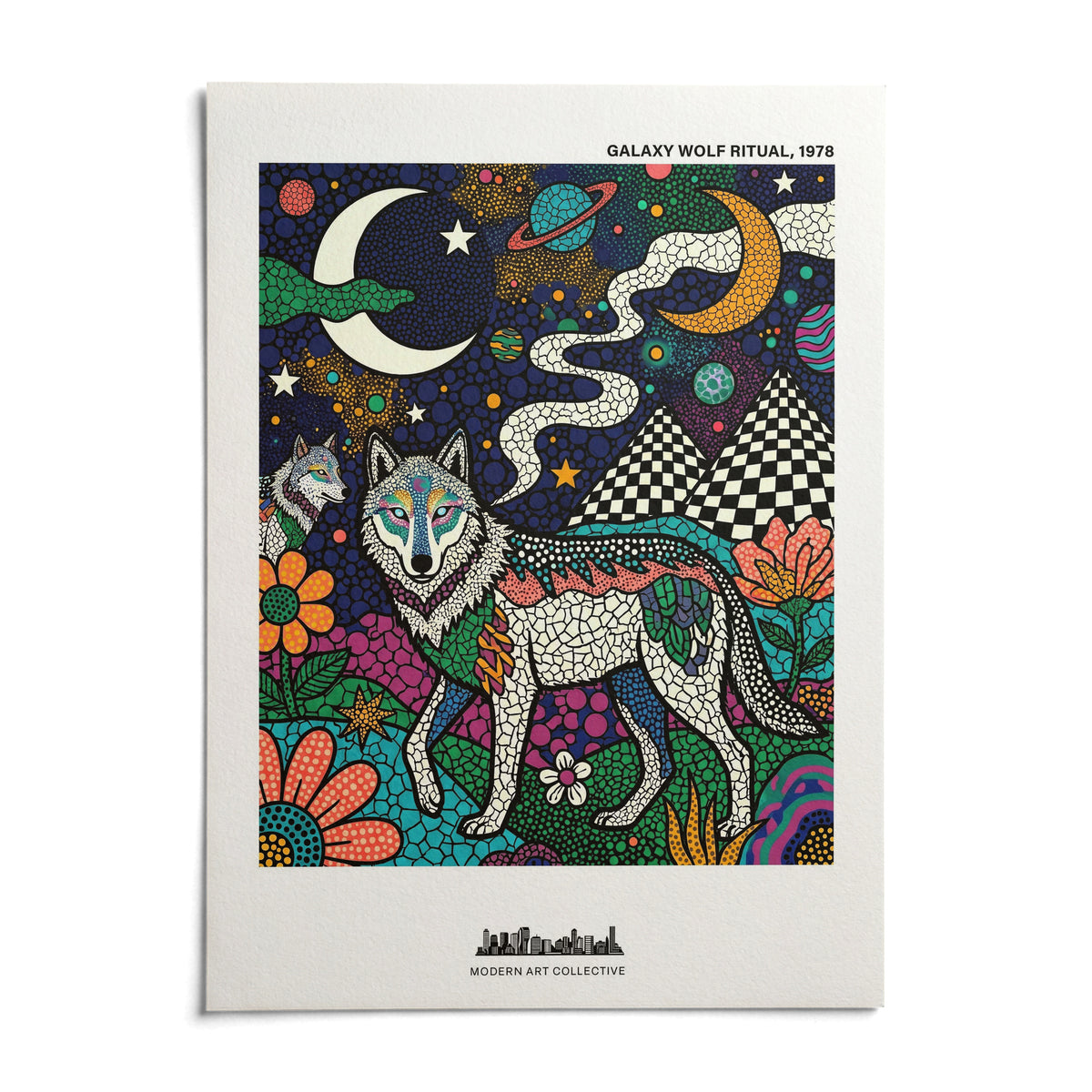 Wolf Galaxy Wall Art, shown as an unframed paper print on a plain white background