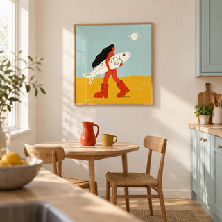 Woman Carrying Fish Print, framed on the wall of a bright contemporary kitchen with pale aqua cabinets