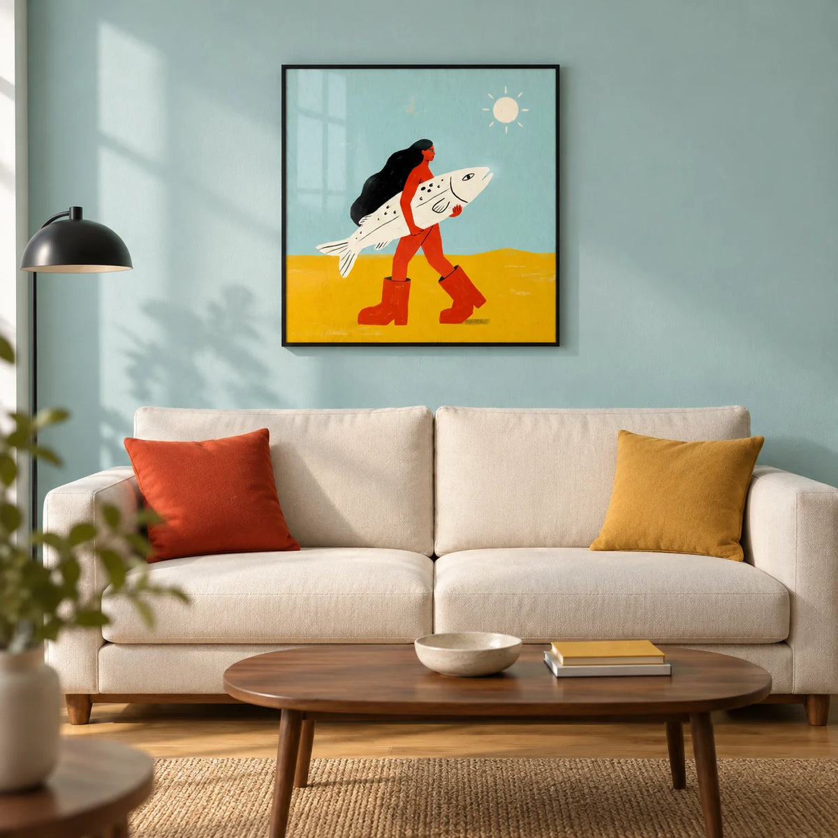 Woman Carrying Fish Print, framed on the wall of a contemporary living room in a UK city flat with a pale aqua wall and oak floor