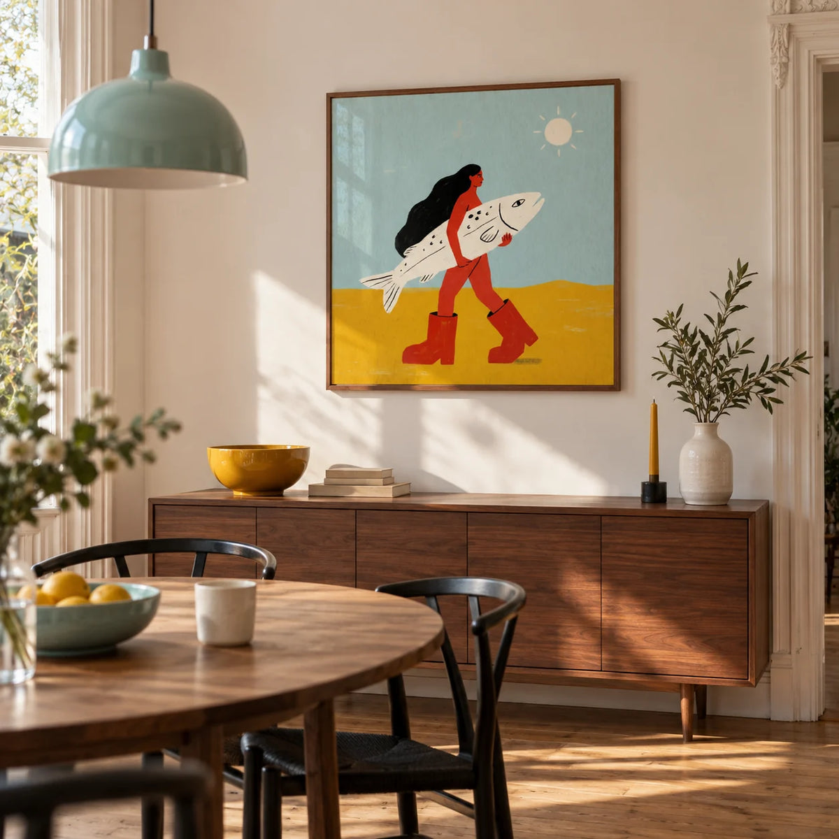 Woman Carrying Fish Print, framed on the wall of a modern dining room in a Victorian terrace with warm white walls and an oak floor