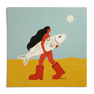 Woman Carrying Fish Print, shown as an unframed paper print on a plain white background