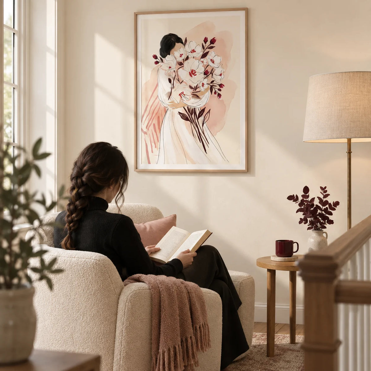Woman Holding Flowers Print, framed on the wall of a quiet reading corner on a spacious landing with a pale cream wall in a living room