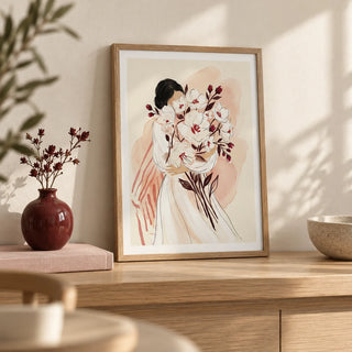 Woman Holding Flowers Print, a small A4 framed print leaning on a pale oak shelf in a living room