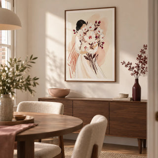 Woman Holding Flowers Print, framed on the wall of a small contemporary dining room in a UK flat with warm white walls