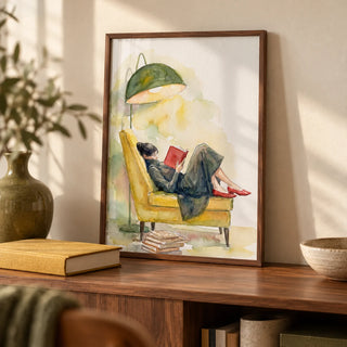 Woman Reading In Armchair Print, a small A4 framed print leaning on a walnut bookshelf in a living room